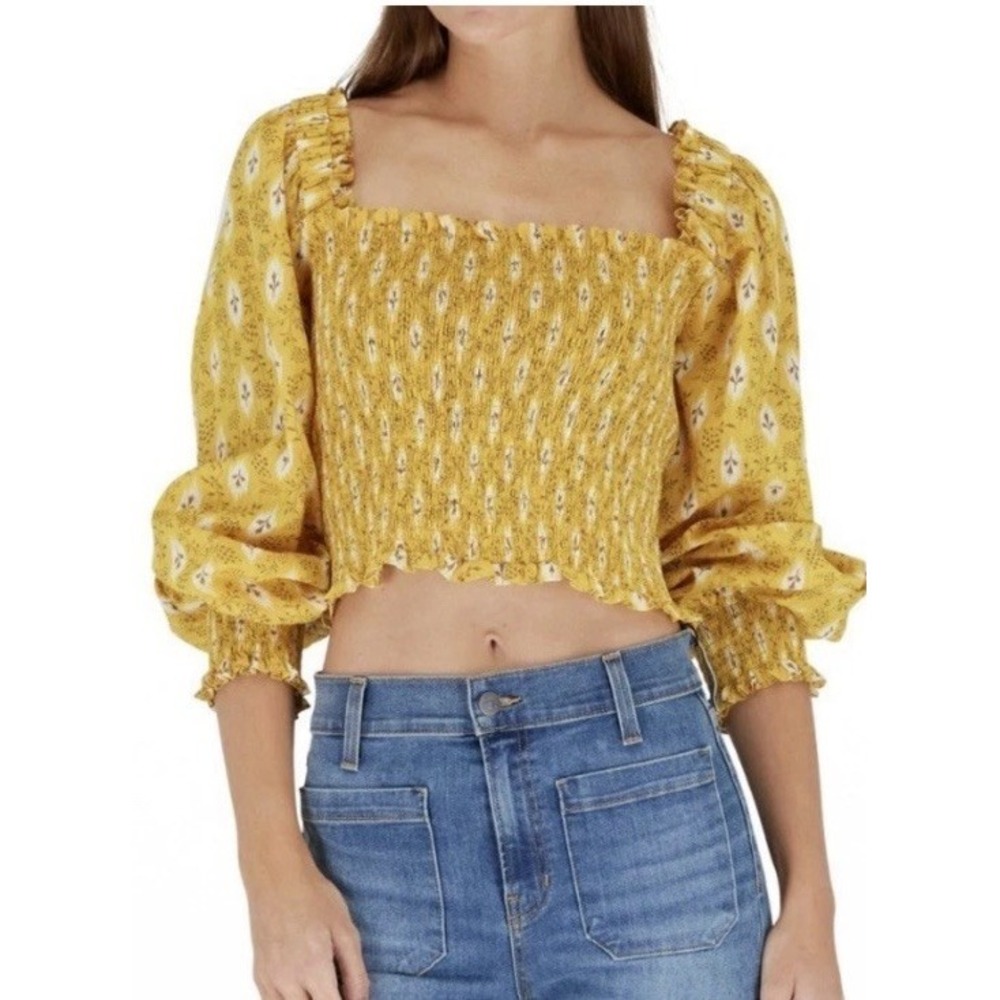 Veronica Beard Shirt Womens 6 Yellow Emerie Smocked Crop Top Cottage Milkmaid